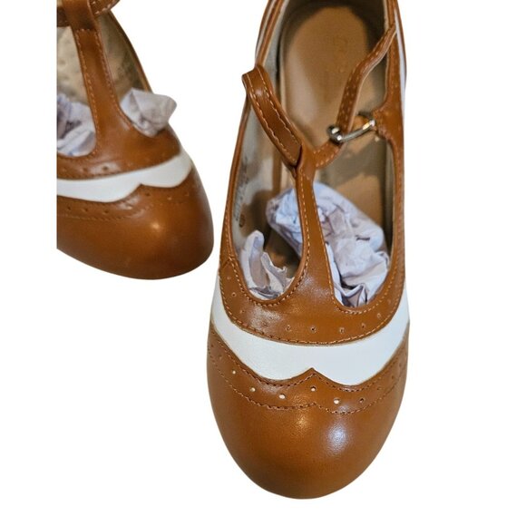 Chase & Chloe Kimmy-31C Womens T-Strap Heels Retro Oxford Style Brown & White Si - Picture 5 of 8